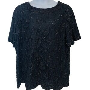 Beaded Blouse Top Woman 26W Black Formal Mesh Lined Short Sleeve Scallop‎ Hem